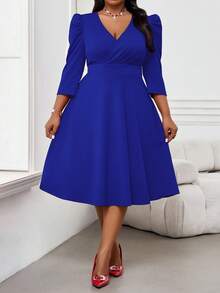 SHEIN Lady Vestidos de talla grande con cuello de solapa de punto, mangas abullonadas y pierna acampanada, ideales para fiestas elegantes, bodas, Navidad, cócteles, San Valentín, conciertos y festivales de música en otoño e invierno