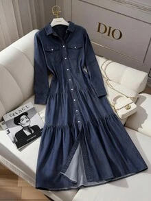 GlowEve 女式纯色休闲长袖牛仔连衣裙