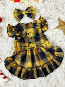 PETSIN 1PC Pet Cat Dog Universal Christmas Yellow Classic Checkered Cute Little Flying Sleeve Bow Decoration Dog Dress