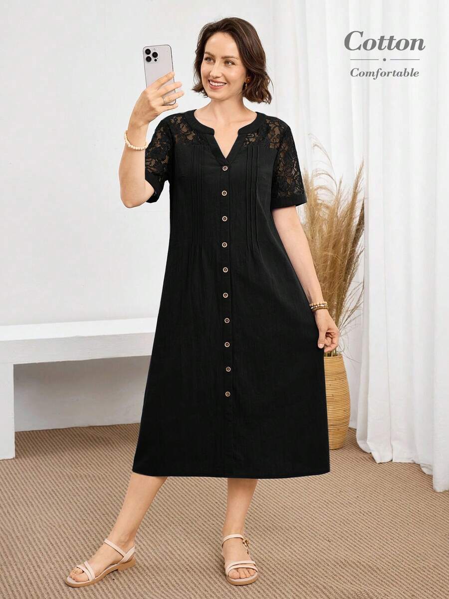 Miaspire 女士休闲中长款蕾丝拼接V领连衣裙 - 黑色 - 查看 1