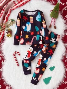 2pcs Young Boy Christmas Pajama Set,Cute Penguin,Bear,Snowman,Gingerbread Man & Candy Print Snug Fit Long Sleeve Top And Pants,Autumn Family Matching - Multicolor - View 7