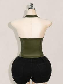 SHEIN ICON Áo hở vai cổ chữ V màu đỏ tía đơn giản, đơn giản, chất liệu da PU cỡ lớn dành cho nữ, màu trơn, đơn giản, thường ngày, có lỗ xỏ khuyên trang trí, áo ba lỗ buộc dây Y2K khi đi chơi - Màu xanh Ô liu - Xem 2