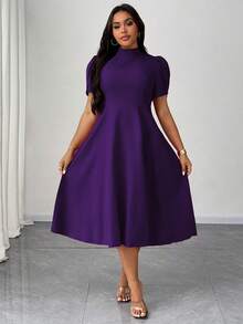 Vionelle 大码女式短袖连衣裙，休闲简约日常穿搭，收腰A字廓形，优雅高领紫色连衣裙，适合度假休闲穿着 - 紫色 - 查看 1