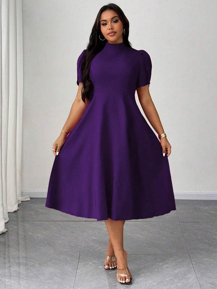 Vionelle Plus Size Women's Short Sleeve Dress, Casual Minimalist Daily  Wear, Waist Cinched A-Line Silhouette, Elegant High Neck Purple Dress,  Women's Holiday Outfit, Vacation Dress | SHEIN Malaysia
