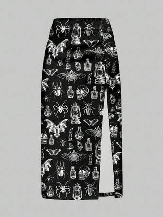 Goth Gonna lunga con spacco alto, stampa nera di scheletro di falena, stile gotico accademico oscuro e misterioso