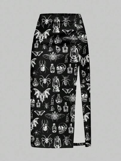 Goth Gonna lunga con spacco alto, stampa nera di scheletro di falena, stile gotico accademico oscuro e misterioso