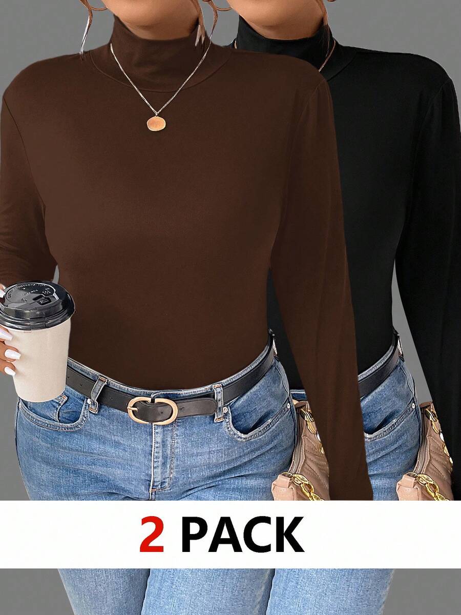 EMERY ROSE 2pcs Plain Versatile Base Layer Casual Minimalist Plus Size Turtleneck Long Sleeve T-Shirts, Suitable For Autumn/Winter Fall - Multicolor - View 1