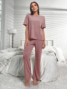 SHEIN Bộ đồ vest thường ngày cổ tròn tay ngắn dệt kim màu trơn và quần dài - Bụi hồng - Xem 3