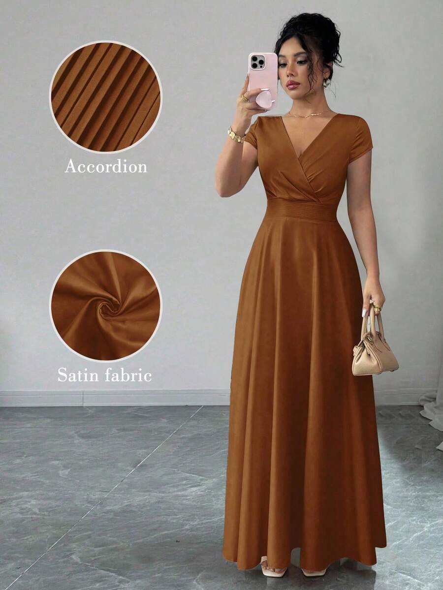 Elenzga 女士V领收腰优雅浪漫短袖连衣裙 - 咖啡棕 - 查看 1