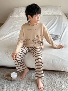 SHEIN 2pcs Tween Boy Casual Cartoon Graphic Round Neck Long Sleeve T-Shirt And Striped Loose Fit Straight Leg Pajama Pants Sleepwear Set - Khaki - View 4