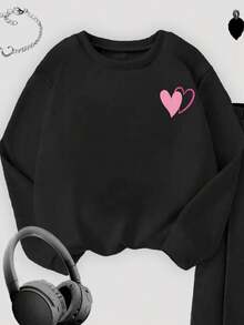 Sparklyn 1 套青少年女孩时尚休闲粉色心形印花圆领运动衫和阔腿运动裤套装，百搭秋冬装 - 黑色 - 查看 3