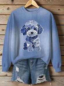 Plus Size Women Graphic Dog Print Textured Crew Neck Long Sleeve Casual Sweatshirt, Suitable For Outdoor Wear - Multicolor - View 1