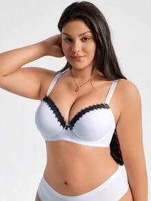 SHEIN 1pc Plus Size Women Contrast Lace Striped Wireless Adjustable Bra, Lift - Black and White - View 4