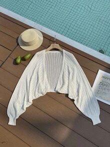 SHEIN Privé Áo len cardigan tay phồng màu trơn đơn giản cho kỳ nghỉ cỡ lớn - Màu be - Xem 4