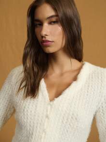 Nöista 纹理针织开衫，修身廓形，V 领，纽扣开合，适合秋季、办公室、休闲 - 米色 - 查看 6