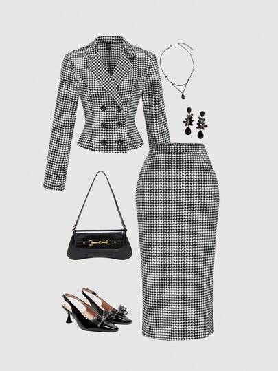 SHEIN MOD Women's Autumn Double-Breasted Black & White Houndstooth Blazer And Skirt Suit Set