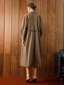 Revavyn 法式优雅通勤女士翻领收腰灯笼袖中长款风衣，适合所有季节 - 棕色 - 查看 6