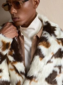 AKNOTIC Men's Patterned Long Sleeve Loose Casual Faux Fur Coat, For Winter, Christmas - Multicolor - View 2