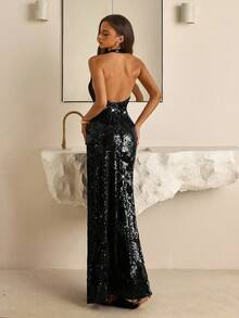 Vowa Modisch, sexy, avantgardistisch, Mesh, glänzend, pflaumenlila, burgunderrot, Pailletten-Stoff, Metallschnallen-Dekor, Cut-Out, rückenlos, Mini A-Linien Rock, geeignet für Nachtclub, Party, Urlaub, Cocktailparty, Check-In, formeller Tanz