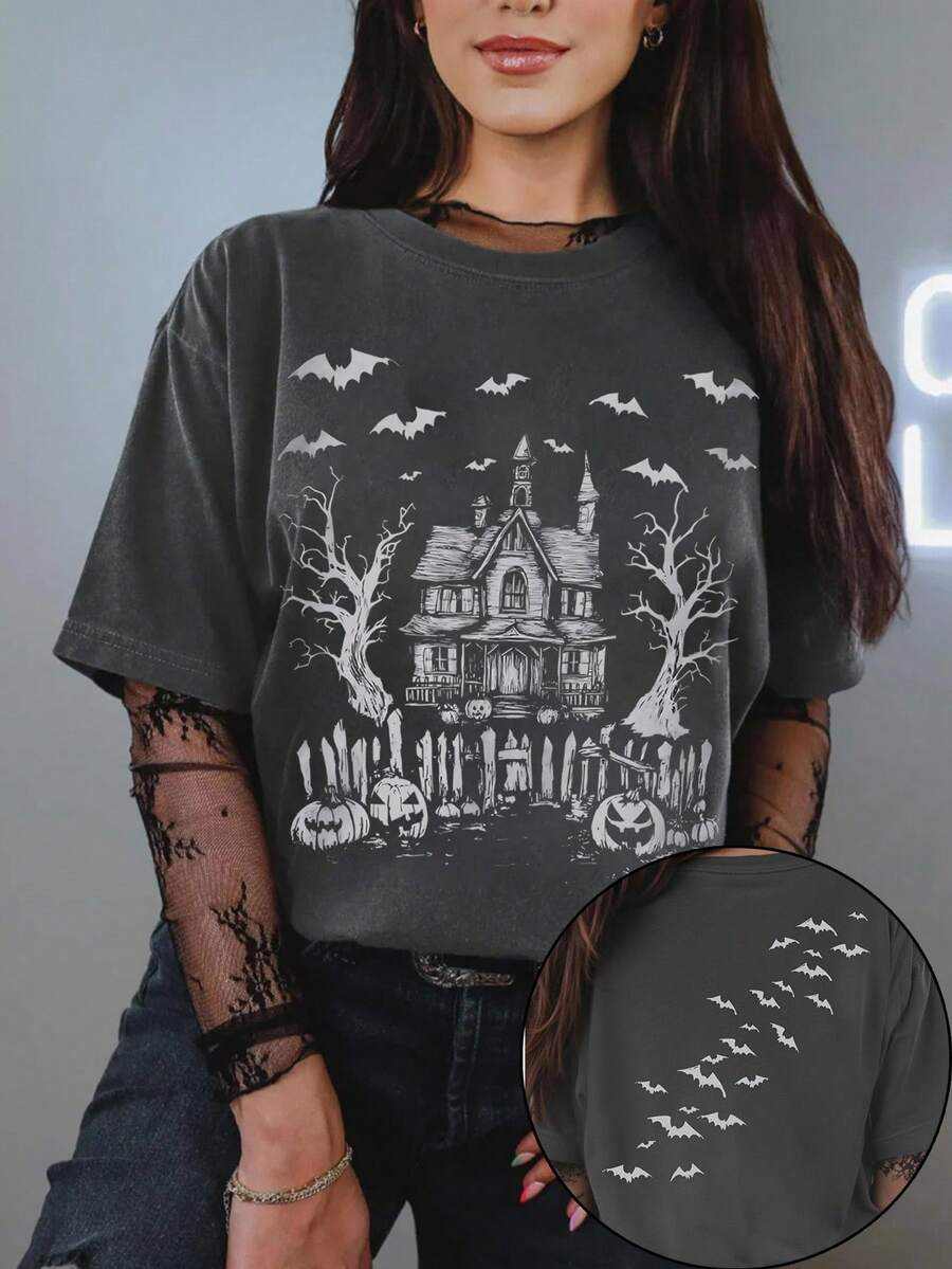 EMERY ROSE 女式圆领短袖T恤，带有鬼屋和蝙蝠印花，万圣节T恤，适合春夏季