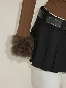 SHEIN ICON Y2k Fall Western Going Out Brown Zip Up Grunge Concert Goth Solid Color Faux Fur Zipper Patchwork Fitted Long Sleeve Jacket - Brown - View 10