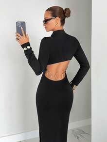 Siren Gaze Women Elegant Dresses For Women Black Knitted Open Back Hardware Ring Long Sleeve Long Dress Women's Solid Color Stand Collar Long Sleeve Backless Ring Connected Slim Fit Elegant Dress Winter
