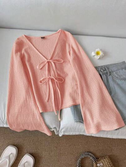 SHEIN LUNE Women's Casual Front Tie Textured Solid Color Flare Sleeve Top, Autumn Bow Clothes Tops Cute Knit Tops Cottagecore Clothes Sweater Top,Casual