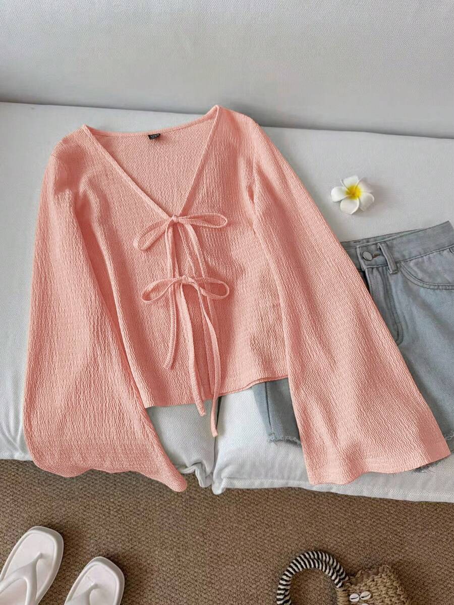 SHEIN LUNE Áo nữ kiểu dáng thường ngày, buộc dây phía trước, màu trơn, chất liệu vải dệt kim, tay loe, thích hợp mặc mùa thu, có nơ, kiểu dáng dễ thương, phong cách cottagecore, áo len. - Bụi hồng - Xem 1