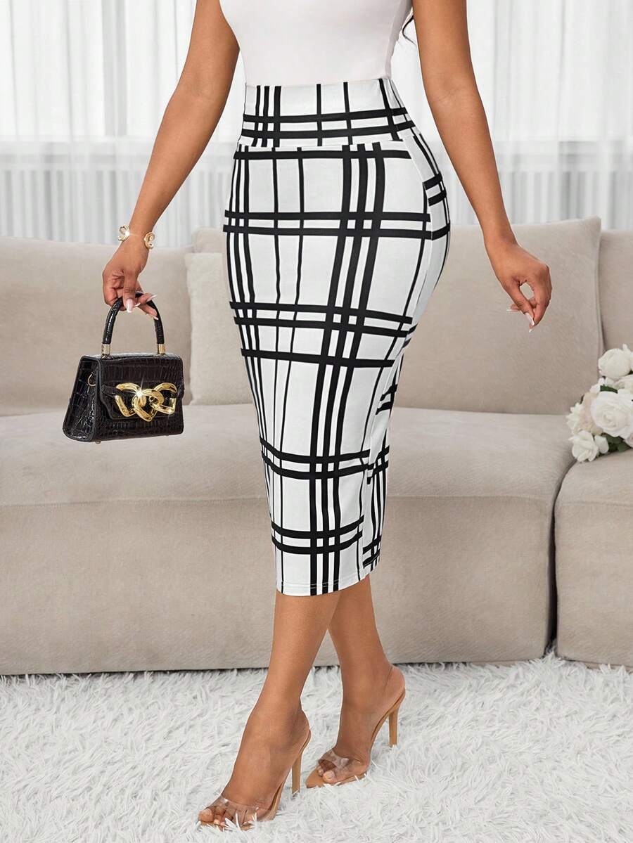 SHEIN Lady Váy midi đan kẻ caro nhiều màu thanh lịch dành cho nữ công sở thường ngày - trắng - Xem 1