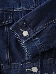 GlowEve 女士休闲时尚街头风格翻盖牛仔夹克单排扣连帽牛仔裤套装，春秋 - 深色水洗藍 - 查看 8