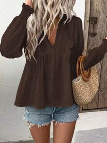 Breezaya Women's Deep V-Neck Puff Sleeve Cutout Blouse