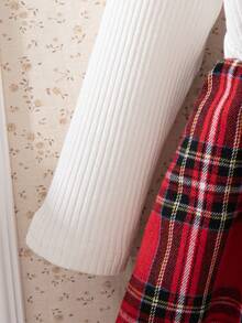 Souflis Souflis Vestido Infantil Francês Retrô Novo Elegante Clássico Xadrez Vermelho com Branco de Manga Longa em Tricô 2 em 1, Sofisticado e Fofo para Passeios, Reuniões, Festas e Outras Ocasiões - Multicolorido - Visão 6
