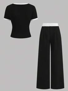 SHEIN Girlism Teen Girls Spring/Summer Fashion Ribbed Knit Black & White Contrast Casual Fitted Basic T-Shirt & Contrast Waistband Loose Pocket Pants Set, Casual Sports Street Chic. Athleisure, Back To School, Soccer Sports, Outdoor Comfort Set - Black - View 2