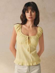 Cévolie 女式纯色方领前系带休闲衬衫 - 黃色 - 查看 4