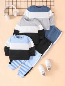 SHEIN Playful Pals 3件組男嬰休閒套裝 藍白條紋拼接運動衫&彈性長褲 6個月至3歲男童秋季度假服飾 - 彩色 - 查看 3