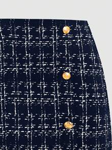 SHEIN 少女休闲简约舒适圆领开衫和裙子套装 - 藏蓝色 - 查看 5