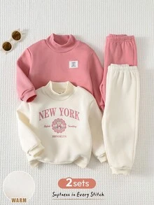 Cozy Pixies 4pcs Baby Girl Casual Set: Soft Knit Letter Pattern Turtleneck Sweatshirt & Elastic Waist Bell-Bottom Pants Fall Winter - Pink - View 1