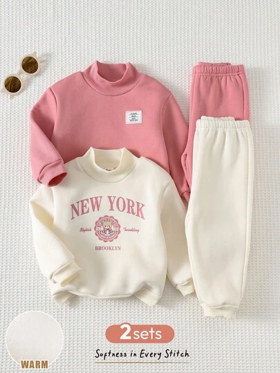 Cozy Pixies 4pcs Baby Girl Casual Set: Soft Knit Letter Pattern Turtleneck Sweatshirt & Elastic Waist Bell-Bottom Pants Fall Winter