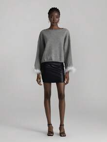 SHEIN Unity Women's Elegant Loose Off Shoulder Long Sleeve Gray Sweater, Furry Sleeves Lace-Trimmed Top, Autumn, Brunch, Green And White New Year Party - Grey - View 3