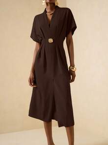 Vesra Women's Waist Cinched Metal Decor Button Short Sleeve Solid Color Split Hem Dress Chocolate Brown Dress - Coffee - View 3