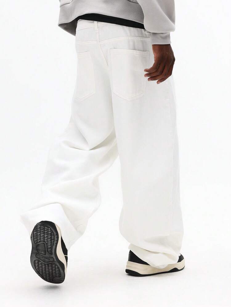 Wide Leg Raw White Denim Jeans With Patch Pockets