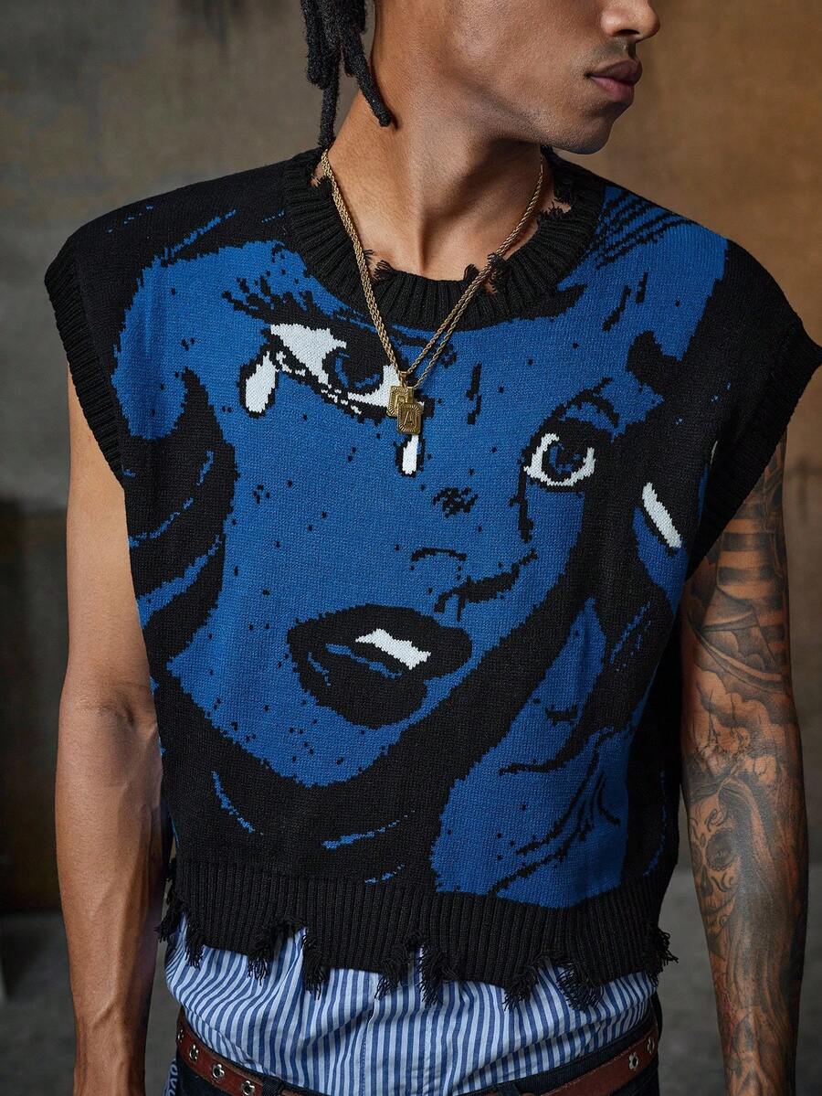 AXEPEAK Men's Graphic Print Crew Neck Knit Vest, For Fall Winter - Multicolor - View 1