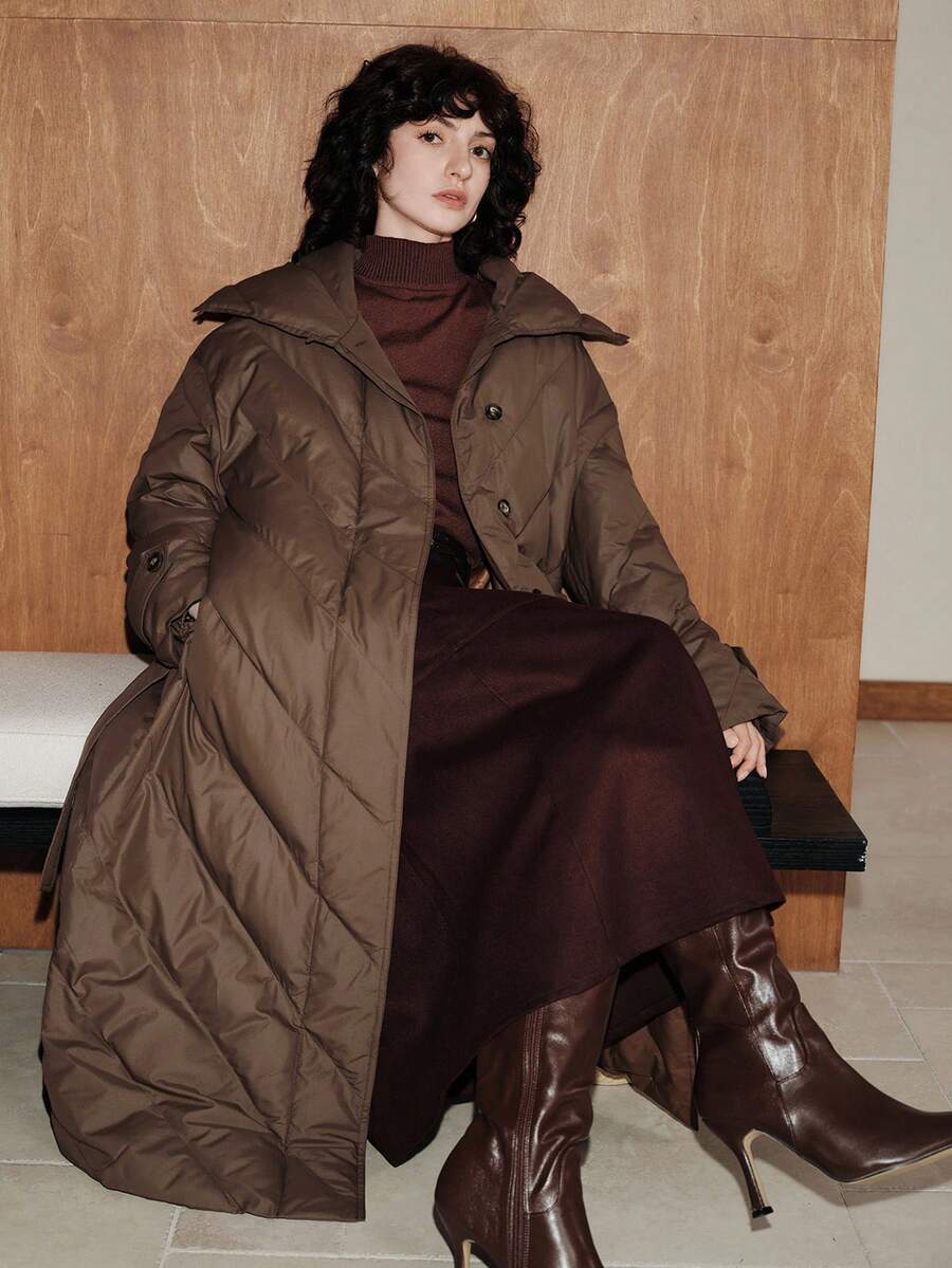 Zovinel 女装冬季新款简约高端保暖长袖系带可拆卸长款棕色棉服外套，适合通勤 - 咖啡棕 - 查看 1