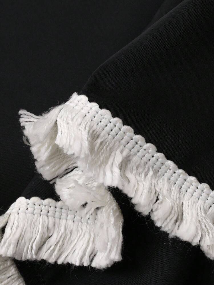 Contrast Color Tassel Trim Satin Women Pajama Set Fall Winter Clothes