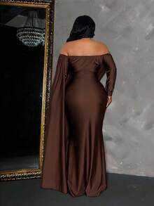 Maweii Plus Size Women's Solid Color Off Shoulder Long Sleeve Ruffle Tie Design Fitted Elegant Dress Fall - Brown - View 3