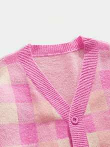 ROMWE MEN Prep Cárdigan de punto de manga larga con bloques de color a cuadros para hombre, rosa, otoño e invierno - Rosa - Ver 3