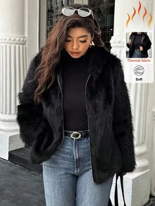 Easura 大码女式纯色长袖前拉链宽松仿皮草连帽夹克 - 黑色 - 查看 1