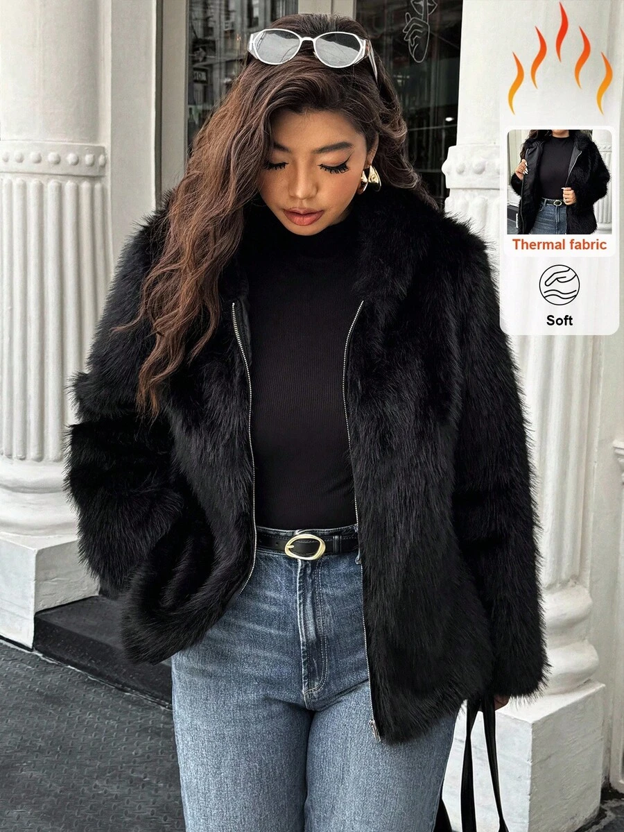 Easura 大码女式纯色长袖前拉链宽松仿皮草连帽夹克 - 黑色 - 查看 1