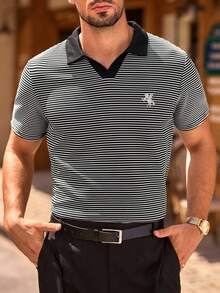 Manfinity VCAY Kemeja Polo Pria Elastis Kasual Bergaris Bordir - Blue and White - View 6