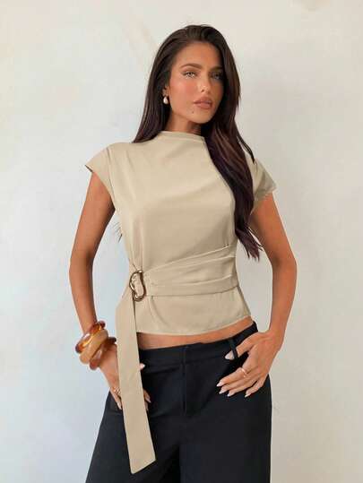 Aloruh Women's Simple Solid Color Metal Buckle Decor Office Shirt, Summer